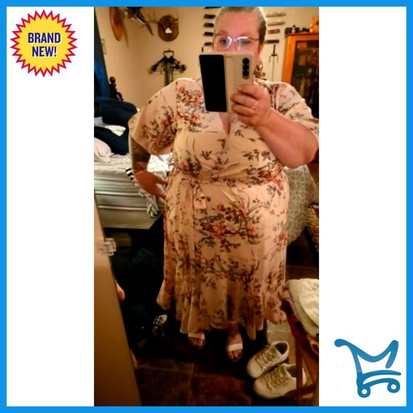 Boho Floral Maxi Dress Empire Waist V Neck Wrap Design Pockets Elegant - Picture 7 of 7